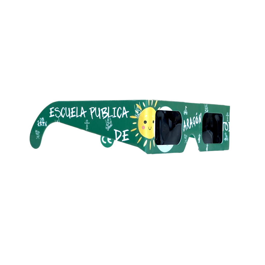 gafas verdes para eclipses solares con un gráfico del sol y la inscripción "escuela pública de Aragón"